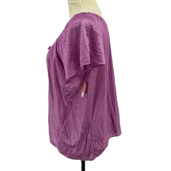 Vintage Shiny Nylon Short Sleeve Sleep Top Purple Womens Size Medium Dead Stock - Picture 3 of 7